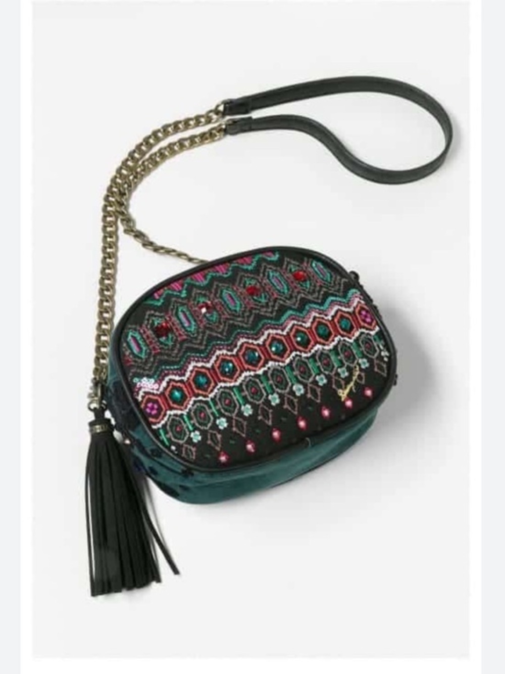 Desigual Lisboa Eternal Bottle Green Embroidered Crossbody Bag